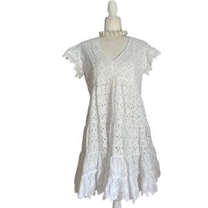 Place National Lace Eyelet Babydoll Mini Dress V Neck Tiered Ruffle Cottagecore